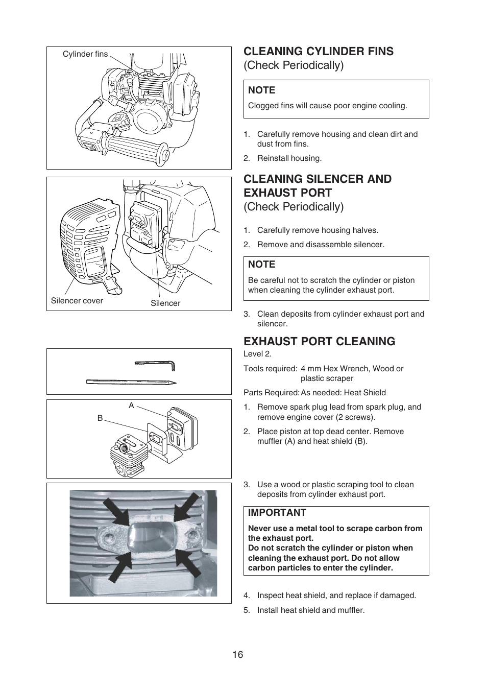 Cleaning cylinder fins (check periodically), Exhaust port cleaning | Echo X750409-3607 User Manual | Page 18 / 22