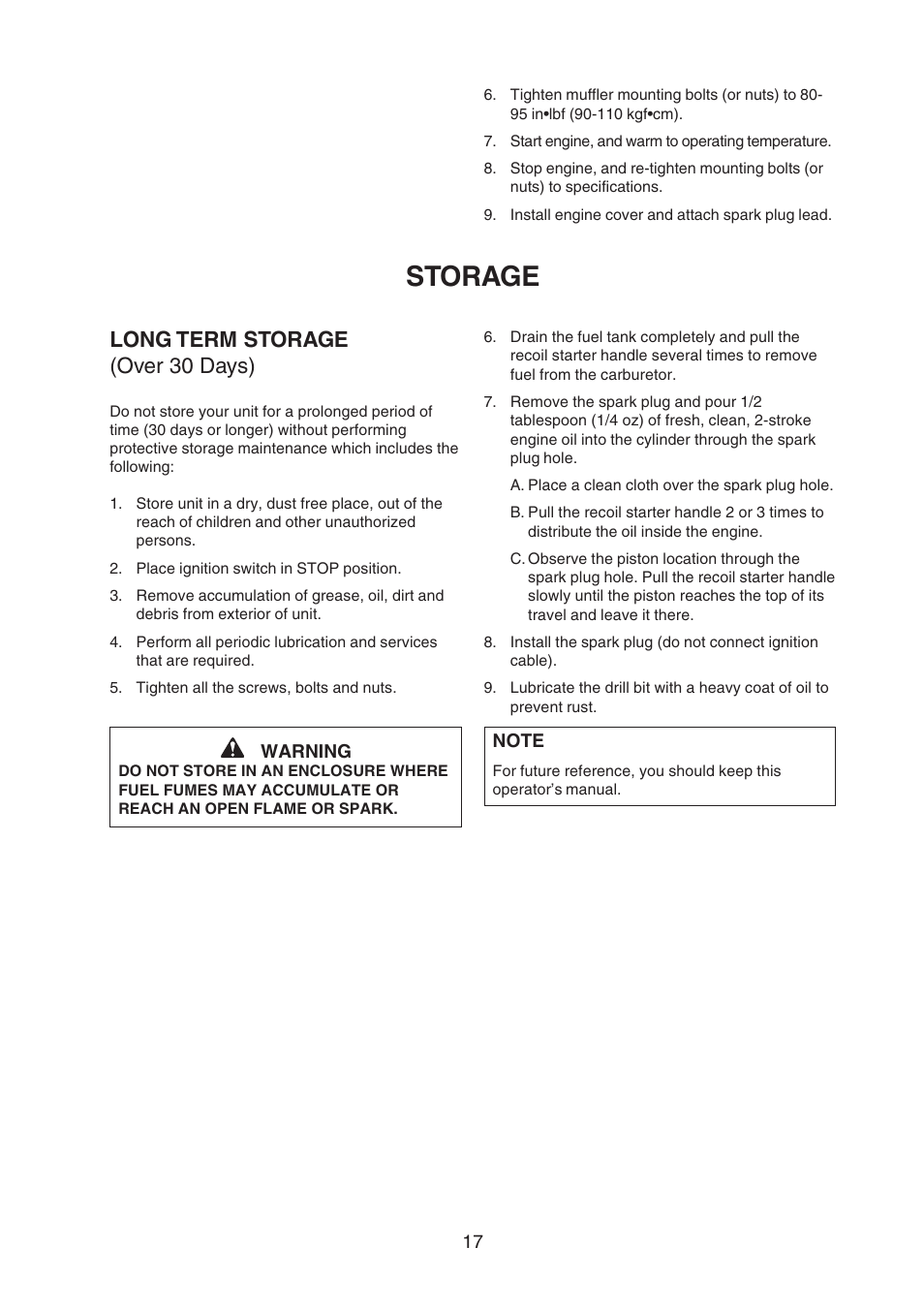 Storage, Long term storage (over 30 days) | Echo X750409-3607 User Manual | Page 19 / 22