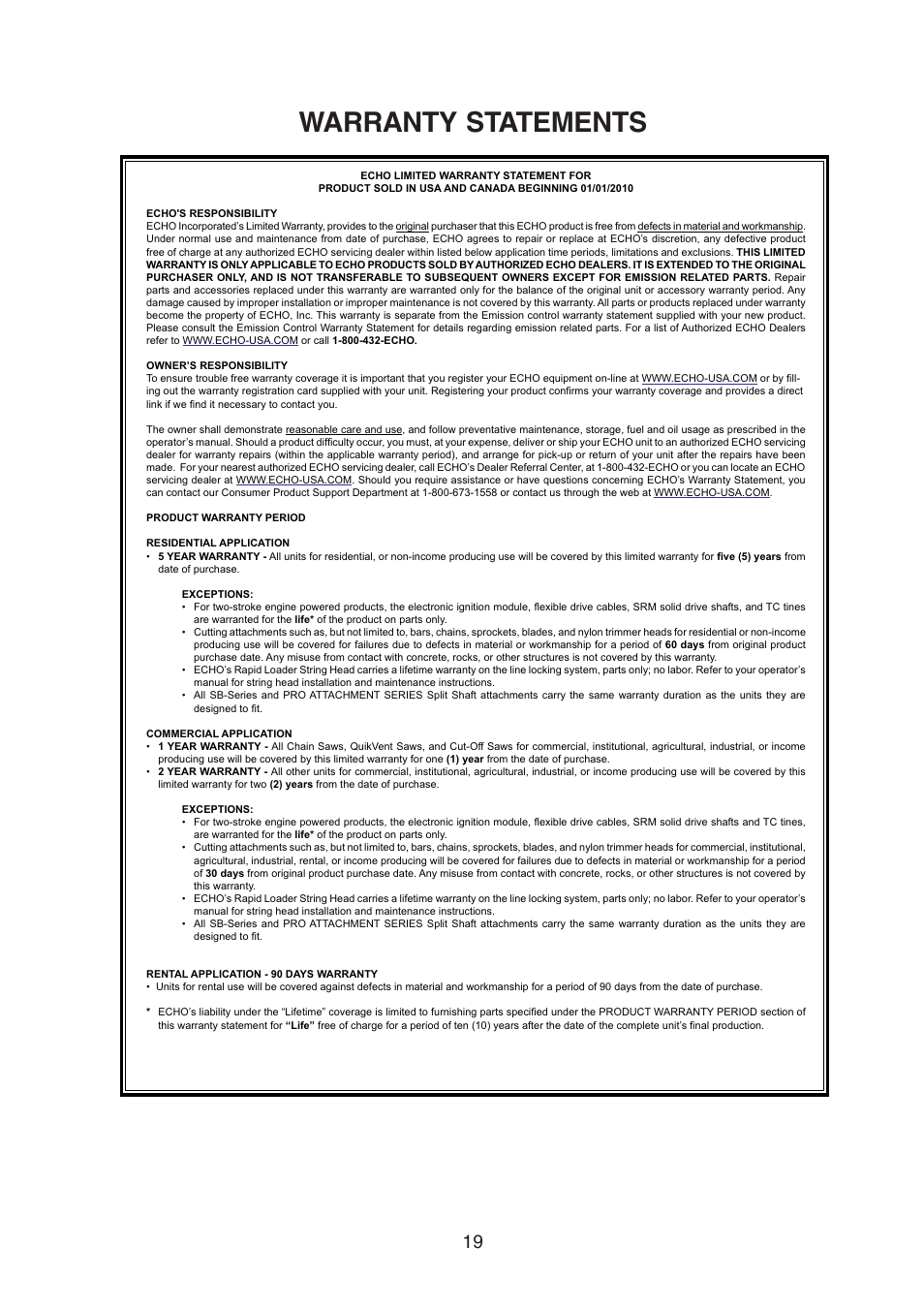 Warranty statements | Echo X750409-3607 User Manual | Page 21 / 22