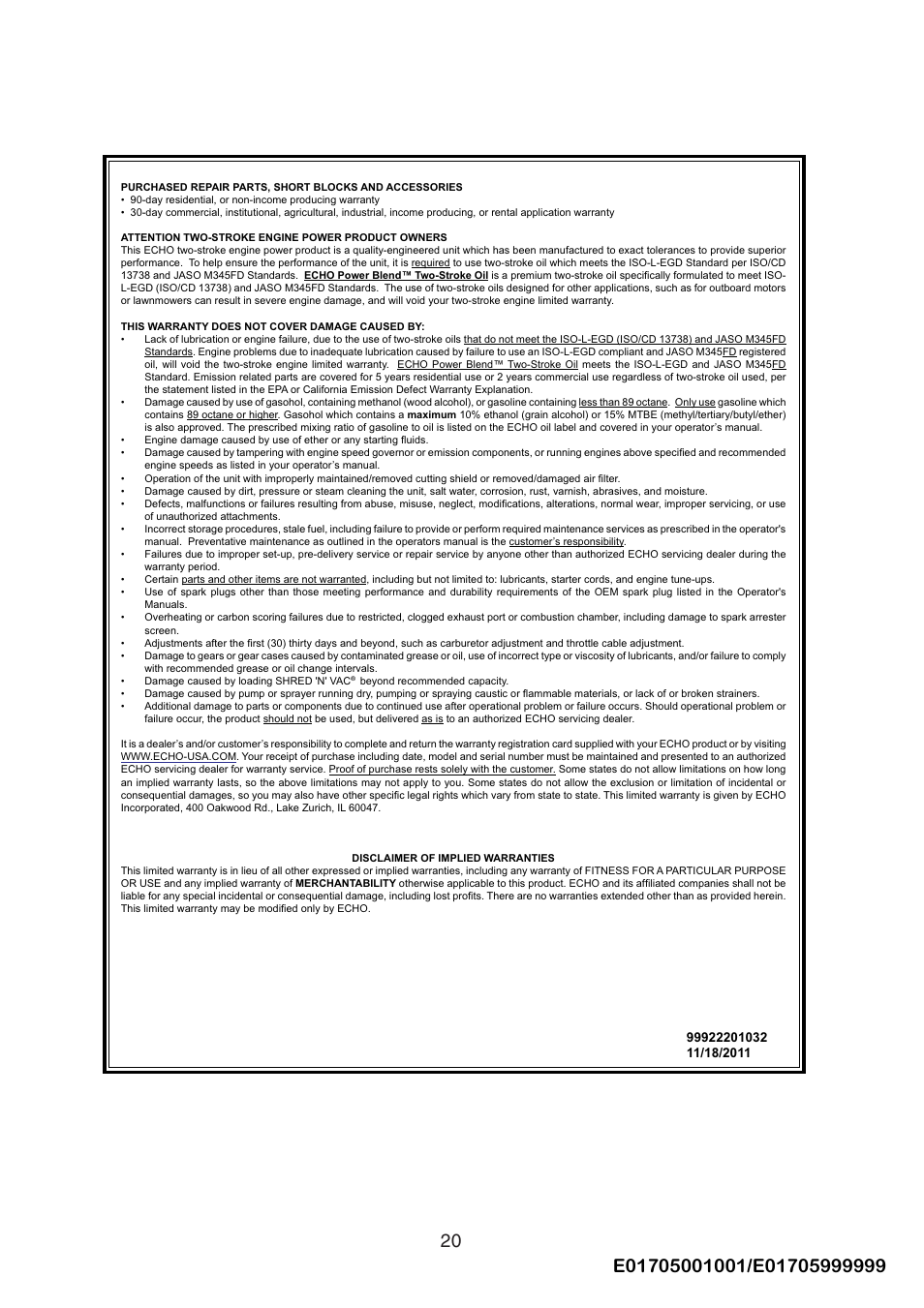 Echo X750409-3607 User Manual | Page 22 / 22