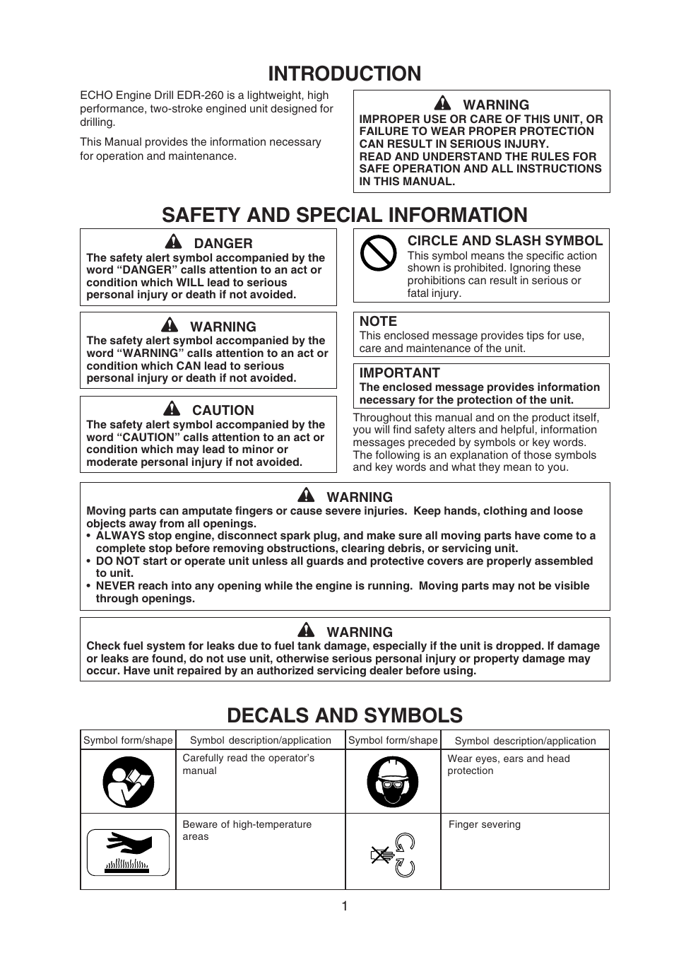 Introduction, Safety and special information, Decals and symbols | Echo X750409-3607 User Manual | Page 3 / 22