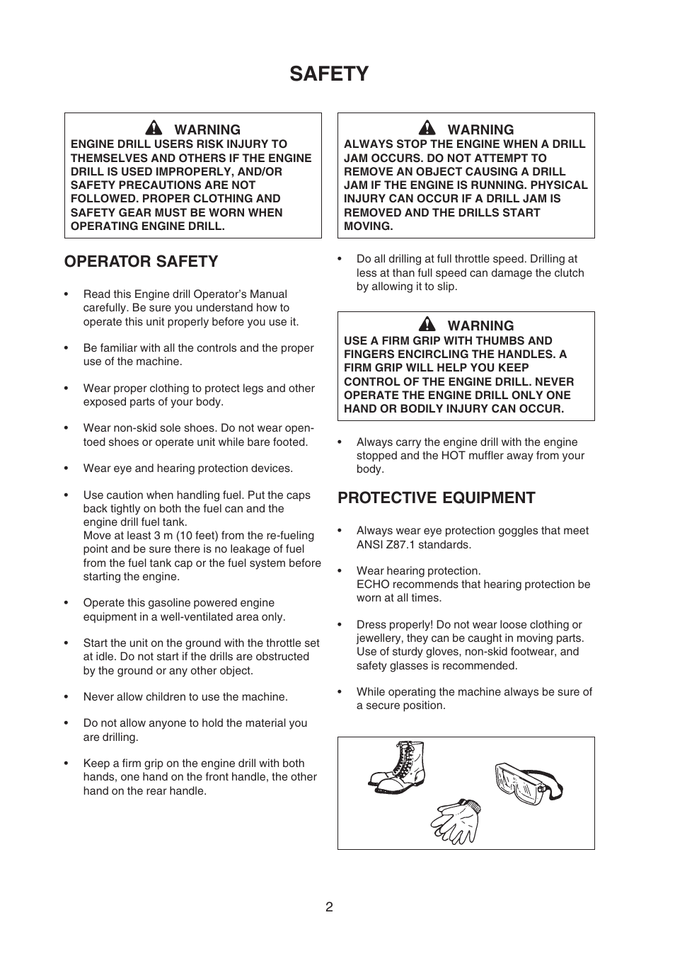 Safety, Protective equipment, Operator safety | Echo X750409-3607 User Manual | Page 4 / 22