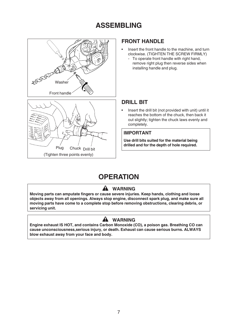 Assembling, Operation, Front handle | Drill bit | Echo X750409-3607 User Manual | Page 9 / 22
