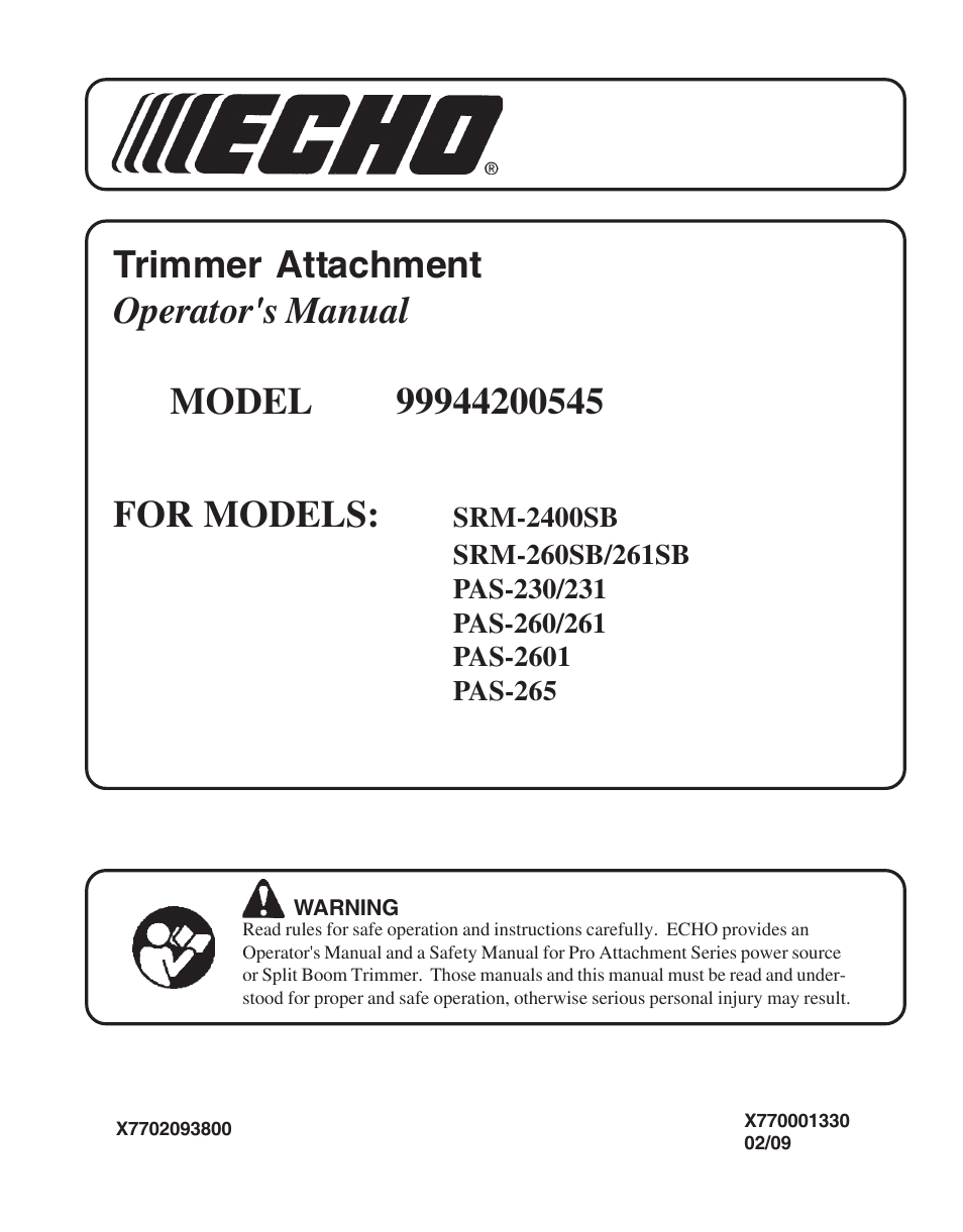 Echo TRIMMER ATTACHMENT PAS-265 User Manual | 16 pages