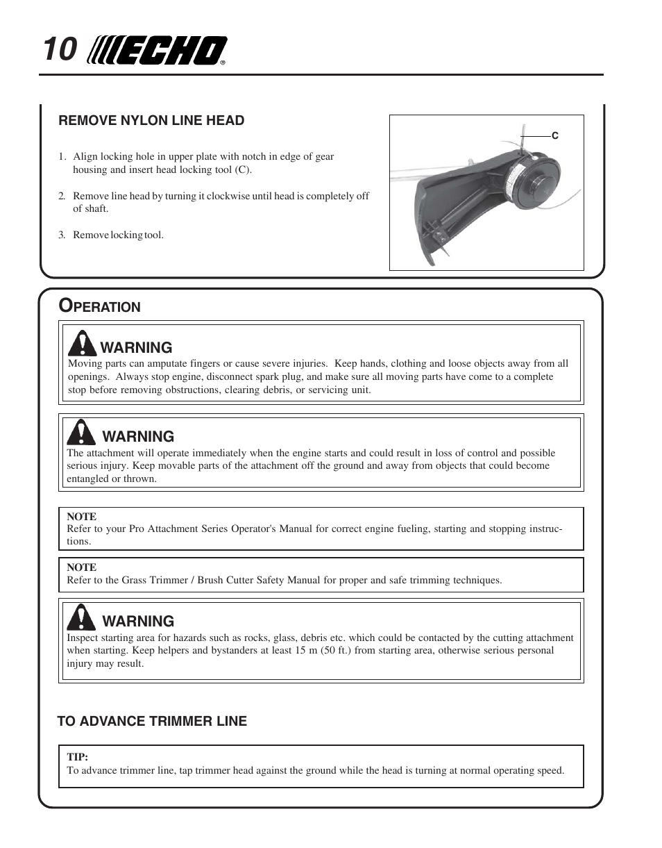 To advance trimmer line, Remove nylon line head, Operation | Echo TRIMMER ATTACHMENT PAS-265 User Manual | Page 10 / 16