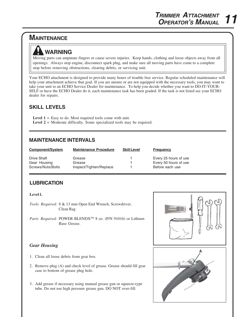 Maintenance, Lubrication | Echo TRIMMER ATTACHMENT PAS-265 User Manual | Page 11 / 16