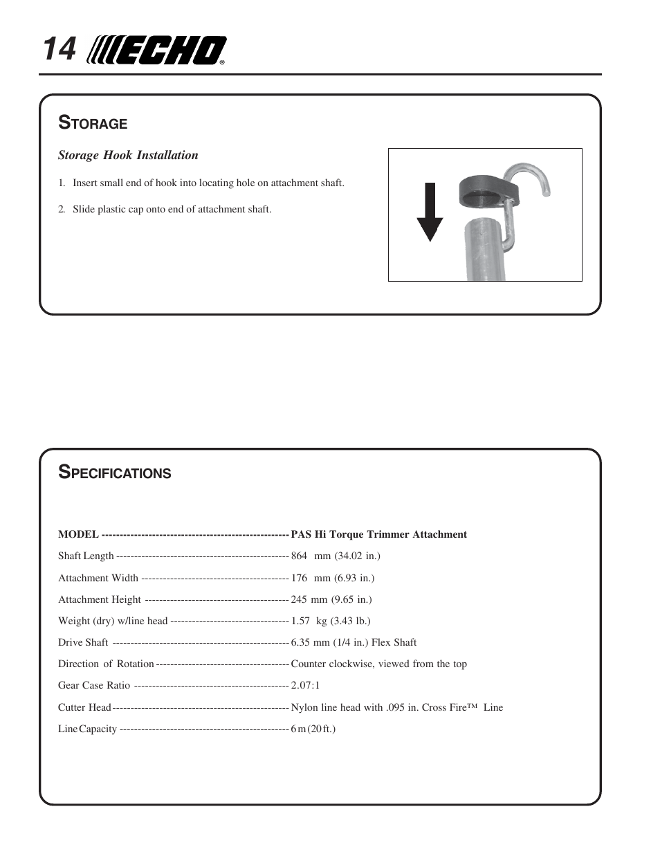 Storage, Specifications | Echo TRIMMER ATTACHMENT PAS-265 User Manual | Page 14 / 16