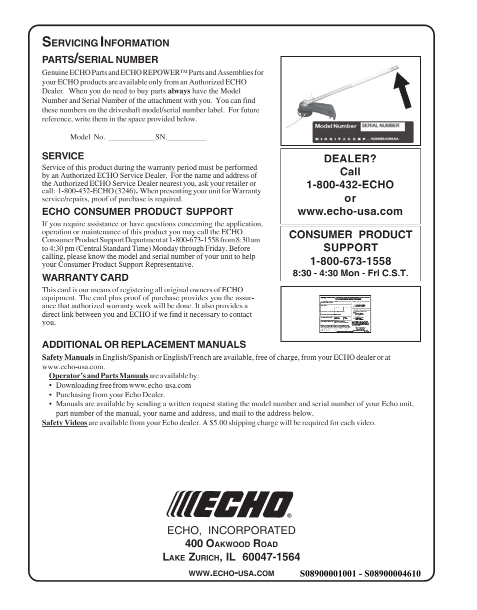 Servicing information | Echo TRIMMER ATTACHMENT PAS-265 User Manual | Page 16 / 16