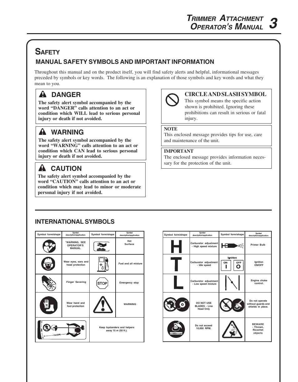 Safety, Caution, Warning | Danger, Rimmer, Ttachment, Perator, Anual, Afety manual, Symbols | Echo TRIMMER ATTACHMENT PAS-265 User Manual | Page 3 / 16