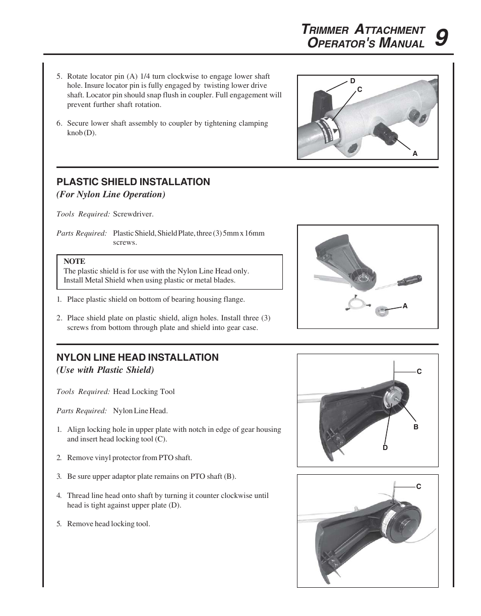 Plastic shield installation, Nylon line head installation | Echo TRIMMER ATTACHMENT PAS-265 User Manual | Page 9 / 16