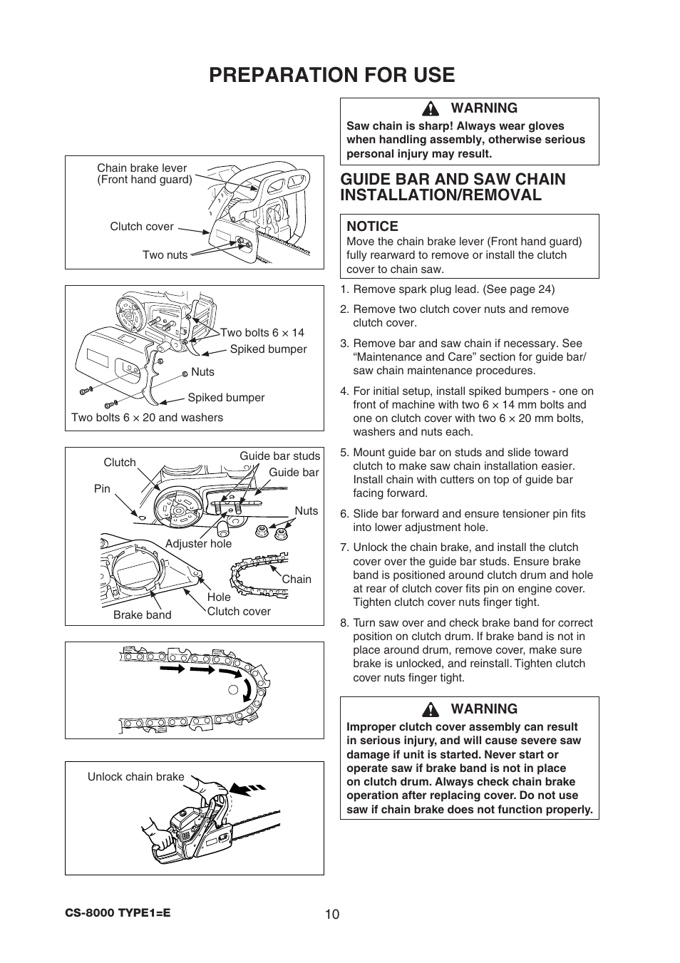 Preparation for use, Guide bar and saw chain installation/removal | Echo CS-8000 TYPE1-E User Manual | Page 12 / 34