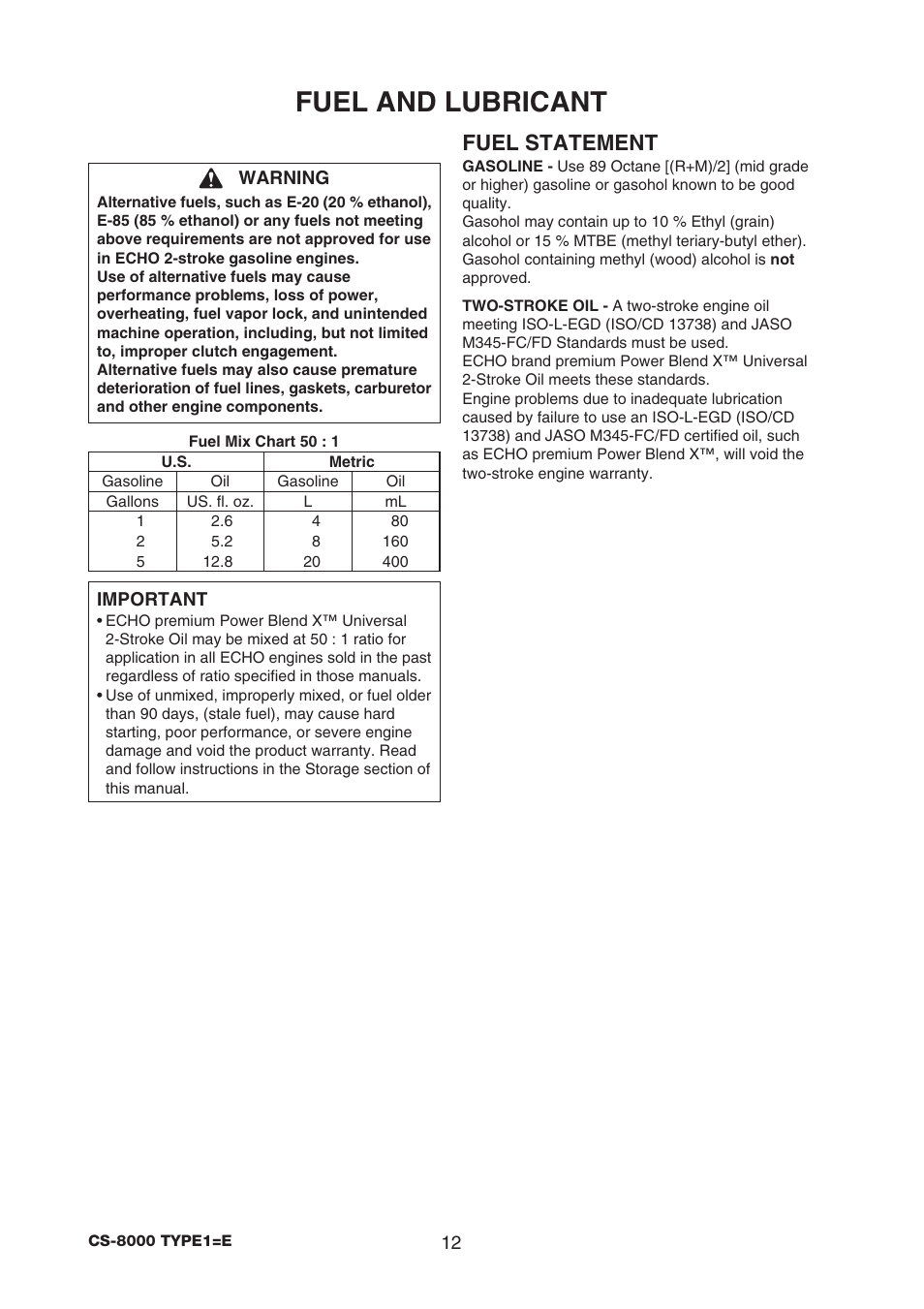Fuel and lubricant, Fuel statement | Echo CS-8000 TYPE1-E User Manual | Page 14 / 34