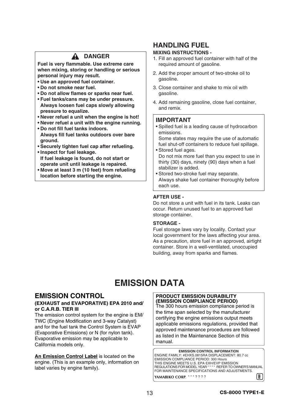 Emission data, Handling fuel, Emission control | Echo CS-8000 TYPE1-E User Manual | Page 15 / 34