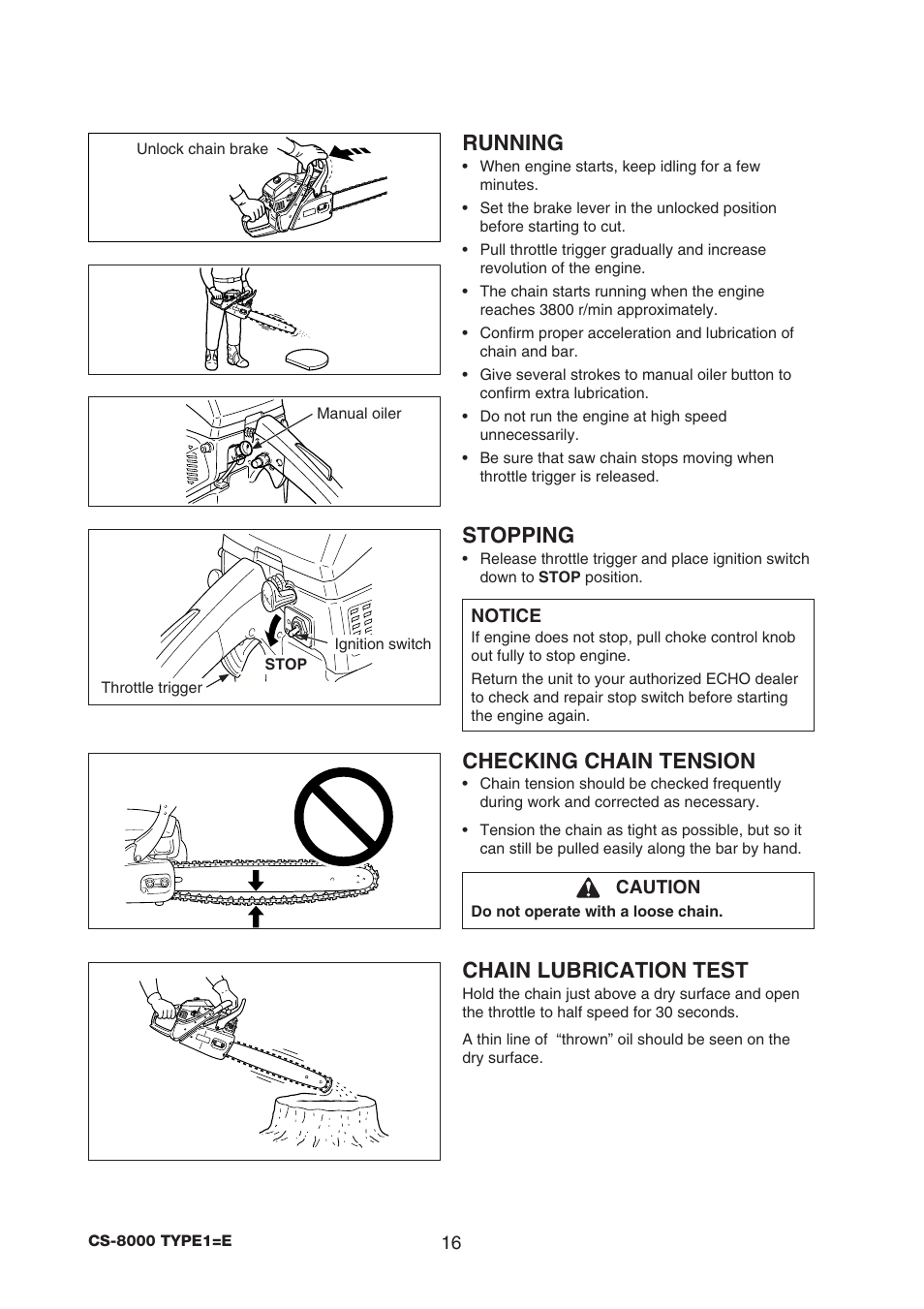 Running, Stopping, Checking chain tension | Chain lubrication test | Echo CS-8000 TYPE1-E User Manual | Page 18 / 34