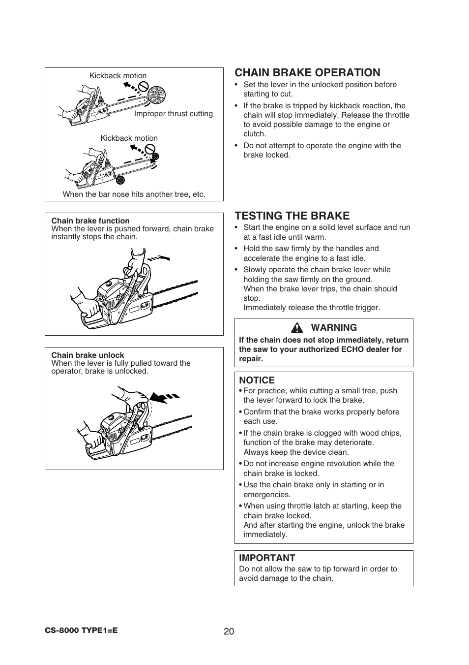 Chain brake operation, Testing the brake | Echo CS-8000 TYPE1-E User Manual | Page 22 / 34