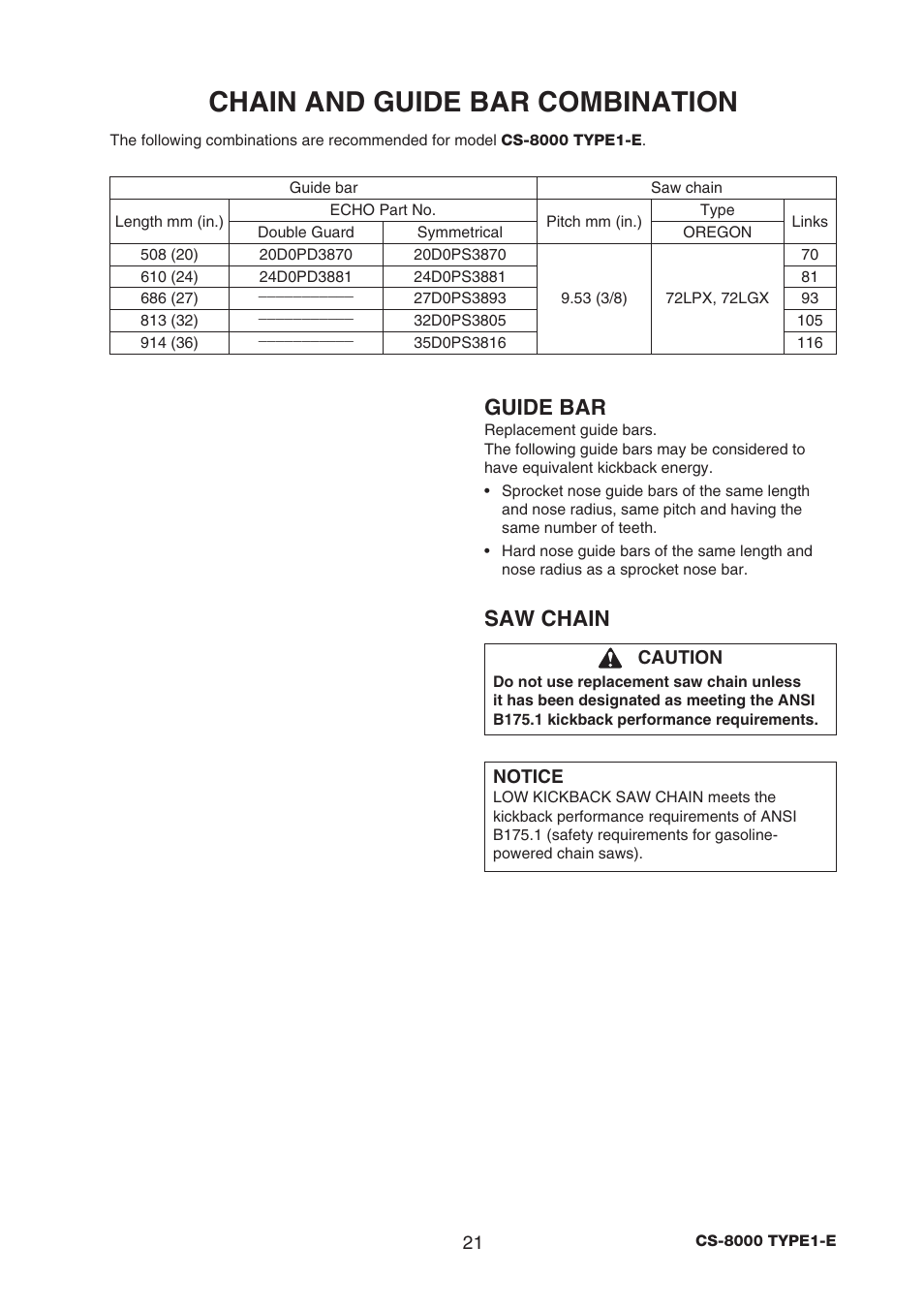 Chain and guide bar combination, Guide bar, Saw chain | Echo CS-8000 TYPE1-E User Manual | Page 23 / 34