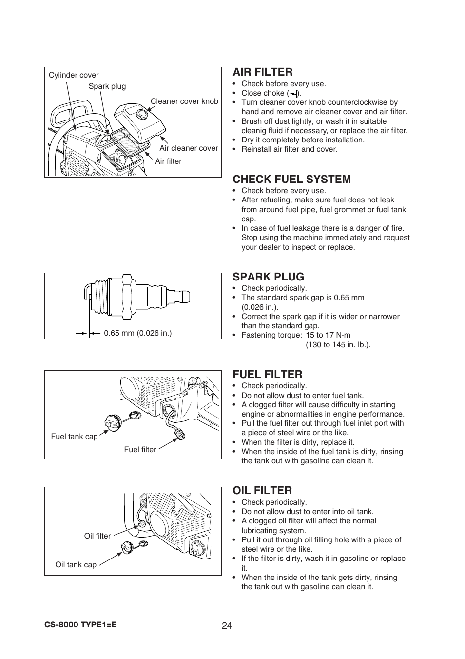 Air filter, Check fuel system, Spark plug | Fuel filter, Oil filter | Echo CS-8000 TYPE1-E User Manual | Page 26 / 34