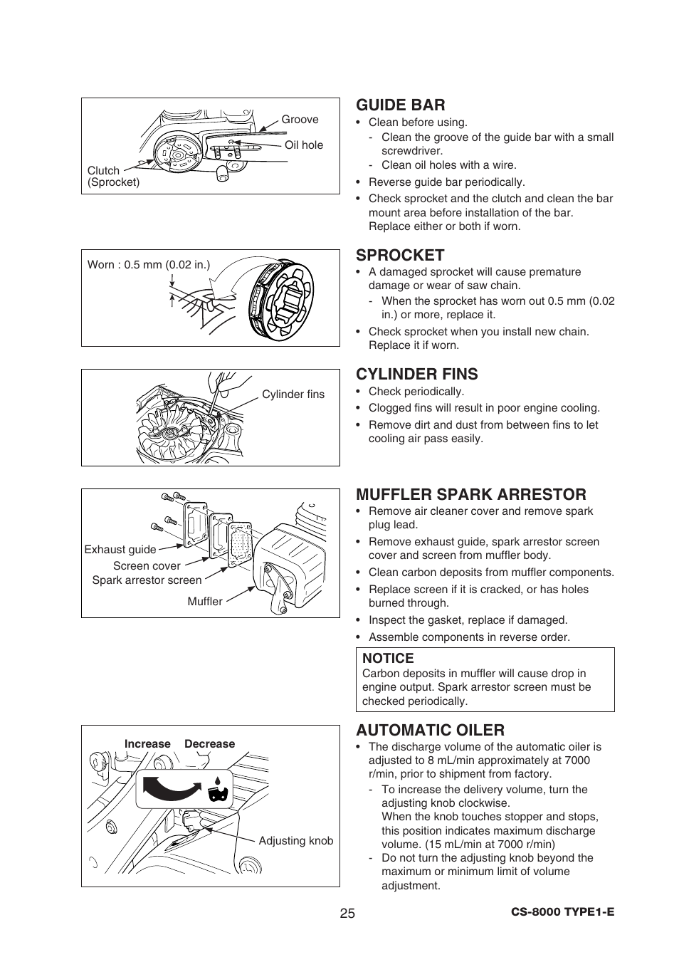 Guide bar, Sprocket, Cylinder fins | Muffler spark arrestor, Automatic oiler | Echo CS-8000 TYPE1-E User Manual | Page 27 / 34