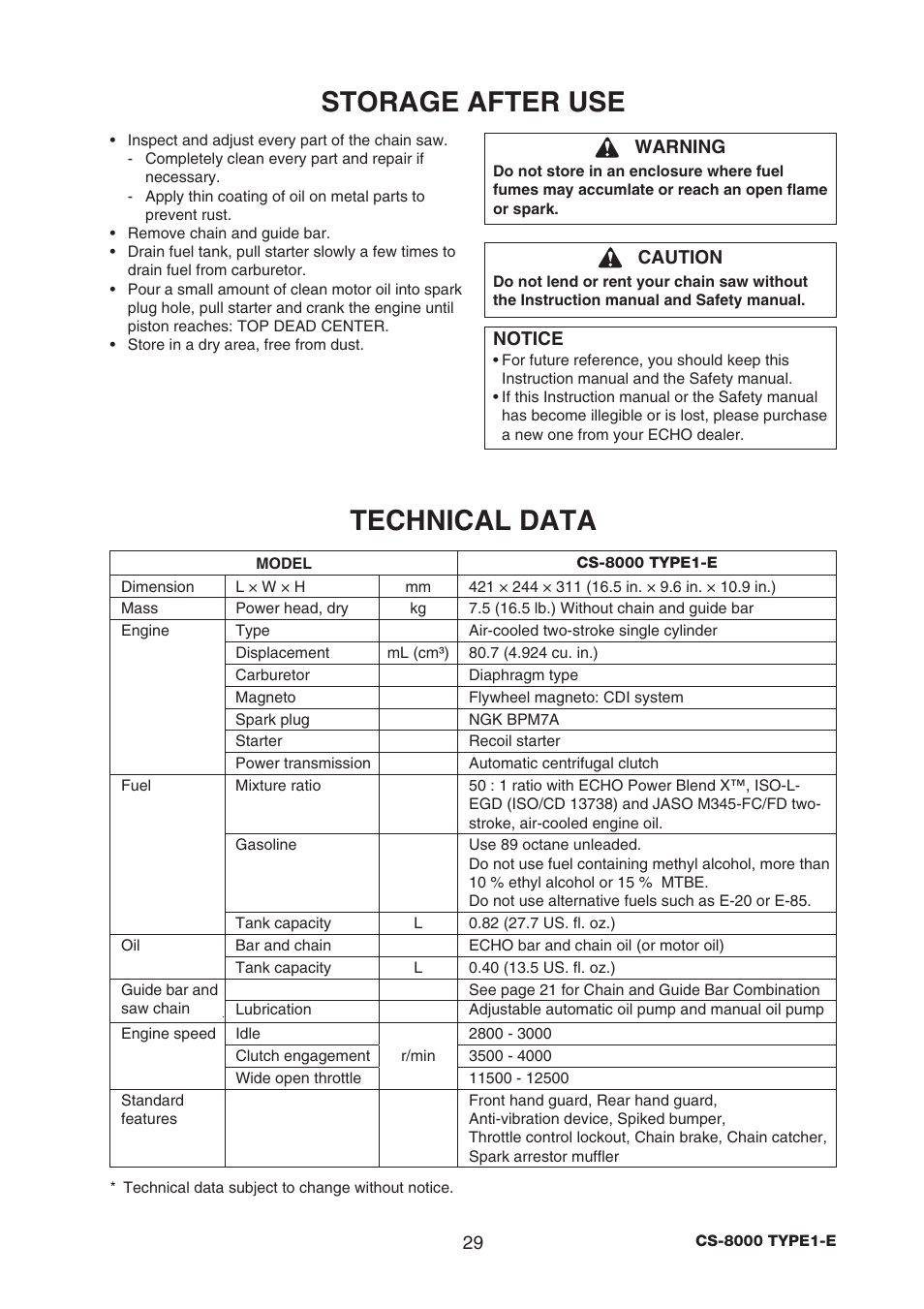 Storage after use, Technical data | Echo CS-8000 TYPE1-E User Manual | Page 31 / 34
