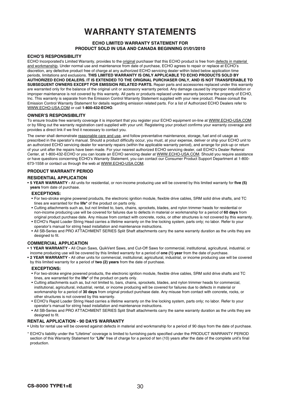Warranty statements | Echo CS-8000 TYPE1-E User Manual | Page 32 / 34