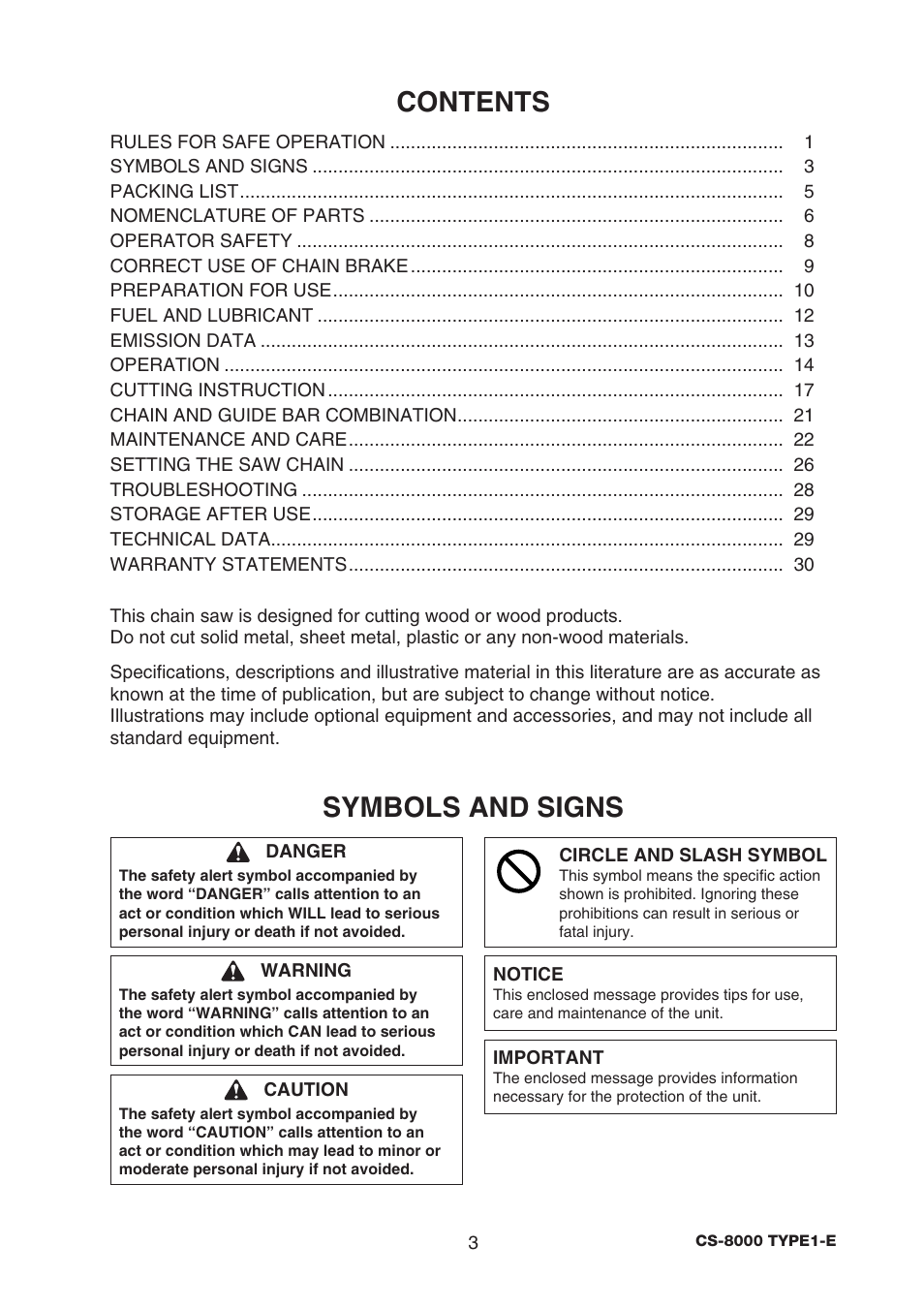 Symbols and signs contents | Echo CS-8000 TYPE1-E User Manual | Page 5 / 34