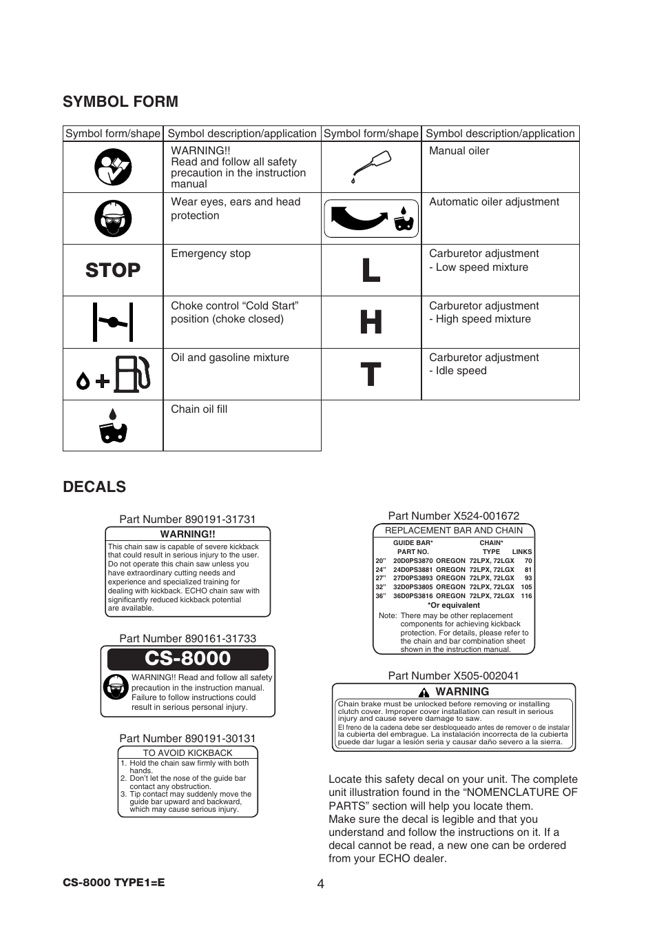 Stop, Cs-8000, Symbol form decals | Echo CS-8000 TYPE1-E User Manual | Page 6 / 34
