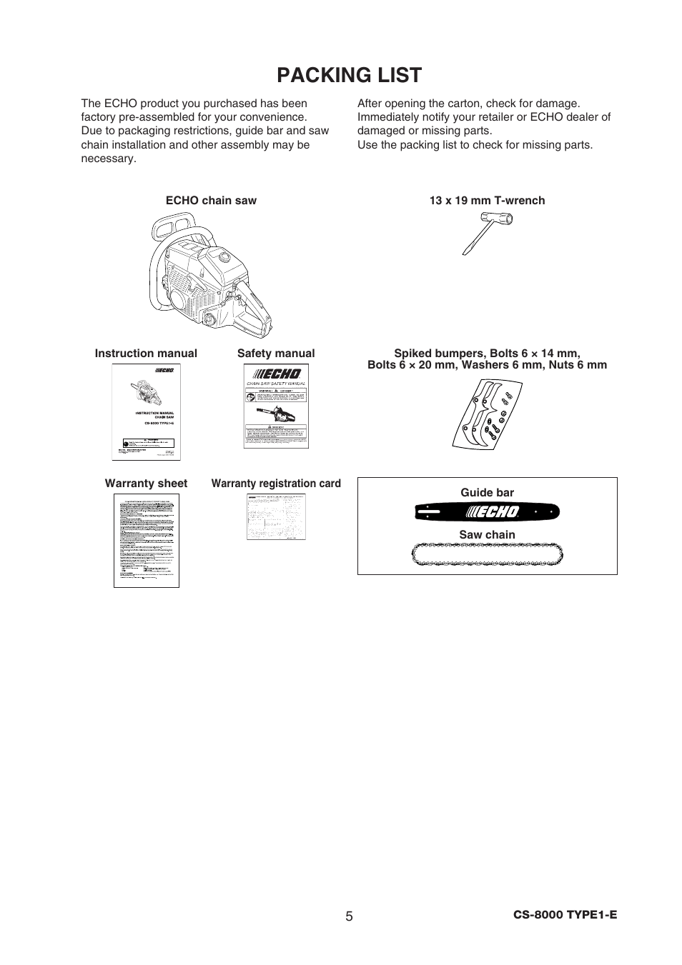 Packing list | Echo CS-8000 TYPE1-E User Manual | Page 7 / 34