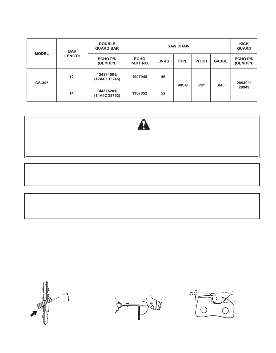 Chain and guide bar combination, Setting the saw chain, Warning danger | Echo CS-305 User Manual | Page 19 / 24