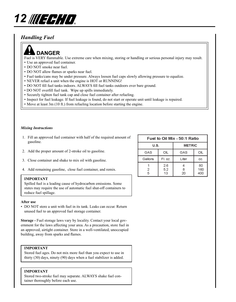 Handling fuel, Danger | Echo WP-1000 User Manual | Page 12 / 32