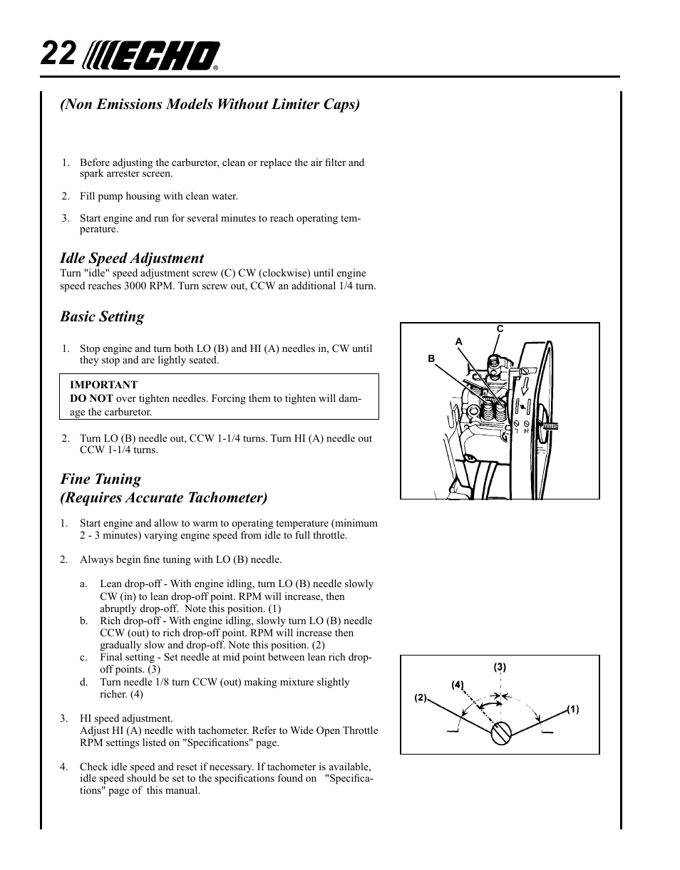 Non emissions models without limiter caps), Idle speed adjustment, Basic setting | Fine tuning (requires accurate tachometer) | Echo WP-1000 User Manual | Page 22 / 32