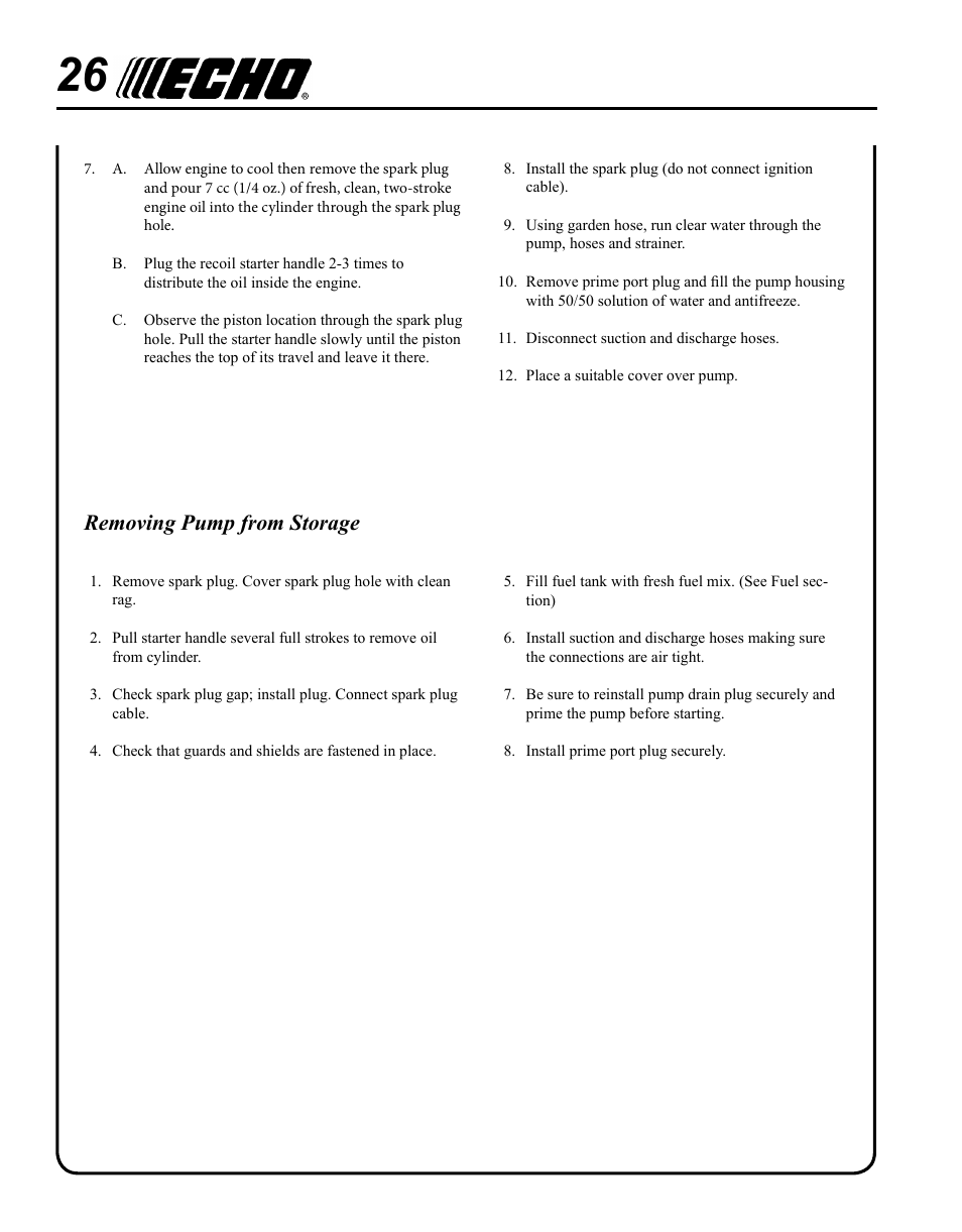 Removing pump from storage | Echo WP-1000 User Manual | Page 26 / 32