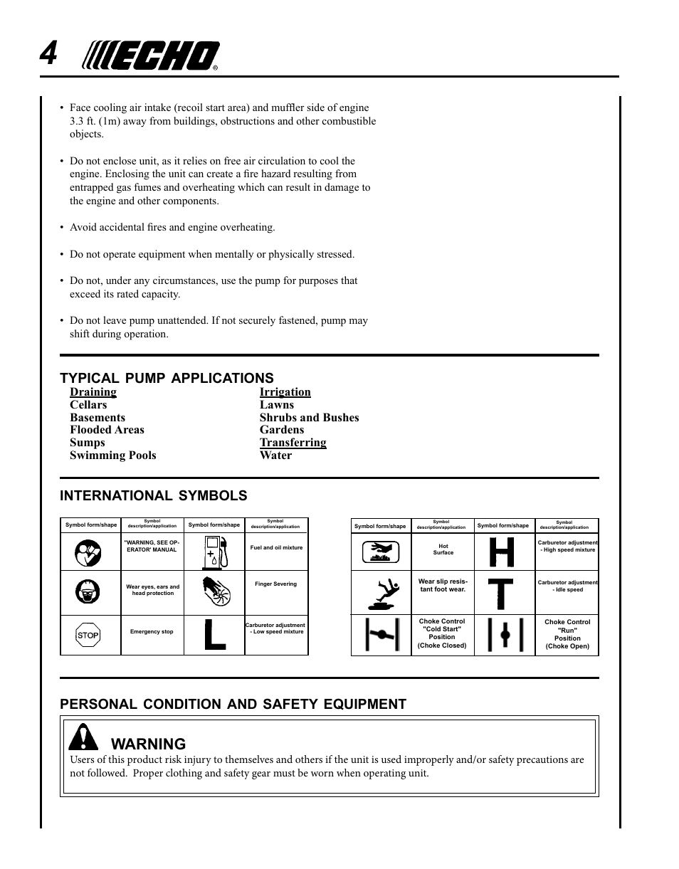 Warning, International, Symbols | Typical, Pump, Applications, Personal, Condition, Safety, Equipment | Echo WP-1000 User Manual | Page 4 / 32