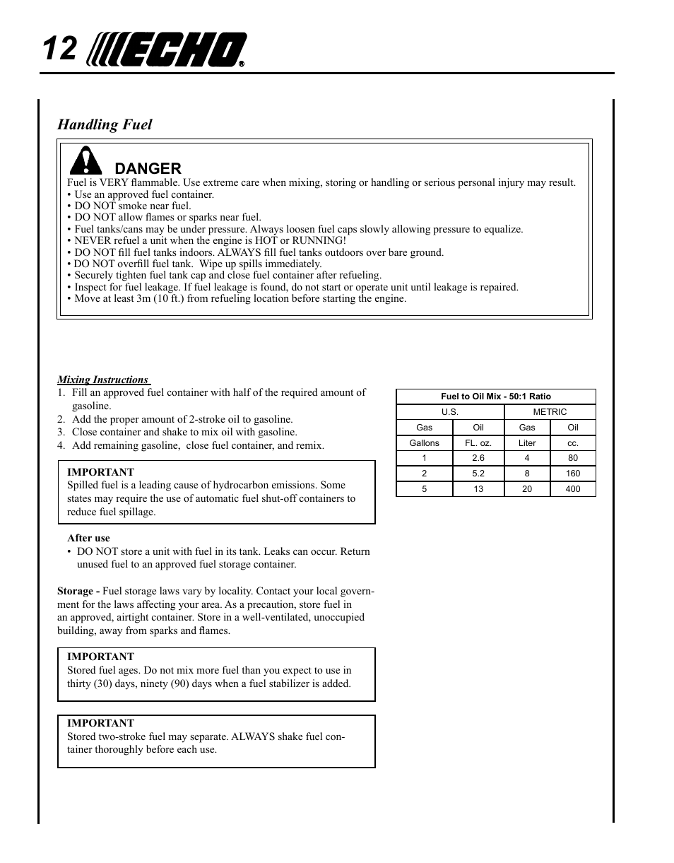 Handling fuel, Danger | Echo PB-265L User Manual | Page 12 / 28
