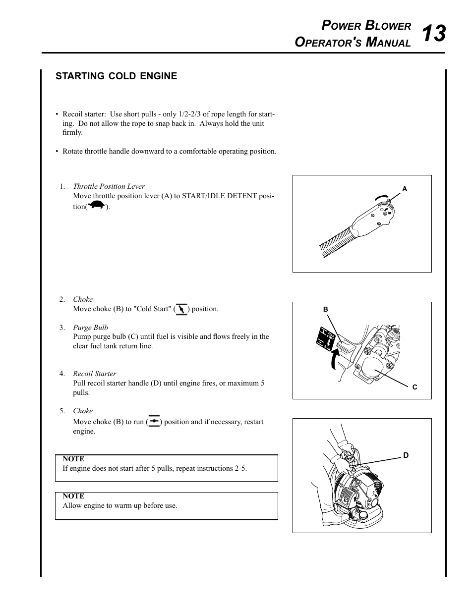 Starting cold engine | Echo PB-265L User Manual | Page 13 / 28