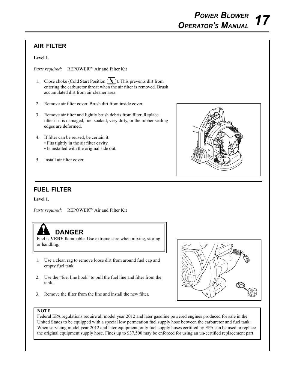 Air filter, Fuel filter | Echo PB-265L User Manual | Page 17 / 28