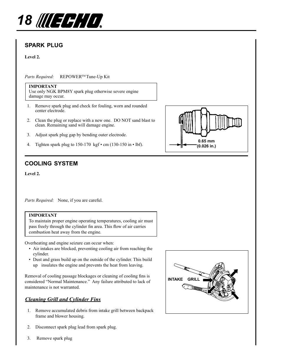 Spark plug, Cooling system | Echo PB-265L User Manual | Page 18 / 28