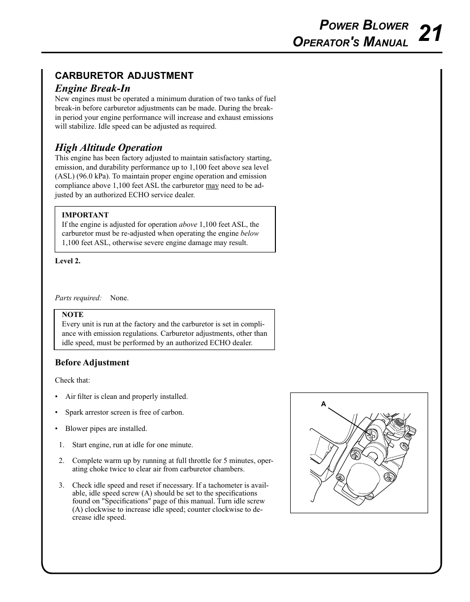 Carburetor adjustment | Echo PB-265L User Manual | Page 21 / 28