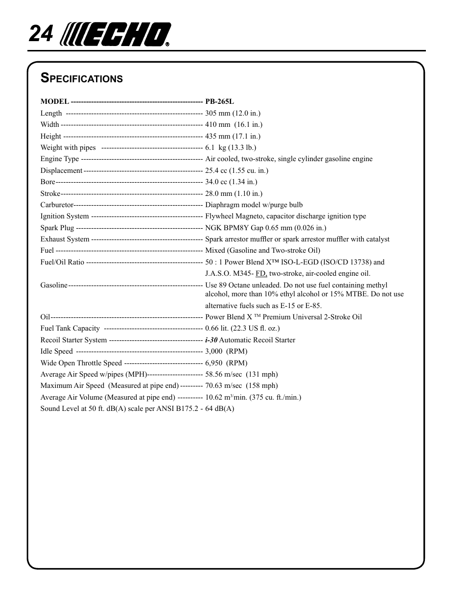 Specifications | Echo PB-265L User Manual | Page 24 / 28