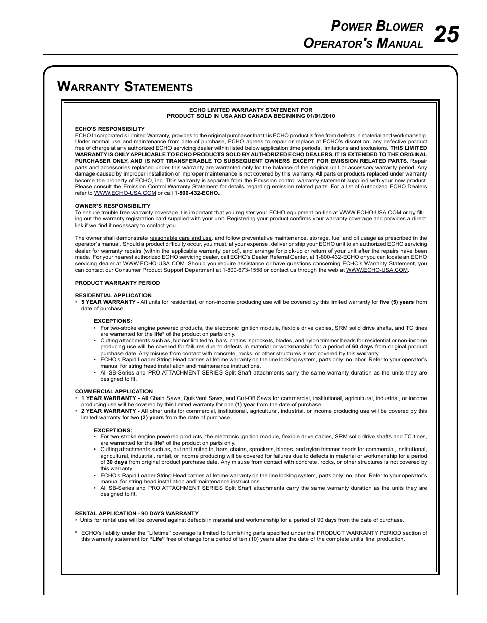 Warranty statements, Ower, Lower | Perator, Anual, Arranty, Tatements | Echo PB-265L User Manual | Page 25 / 28