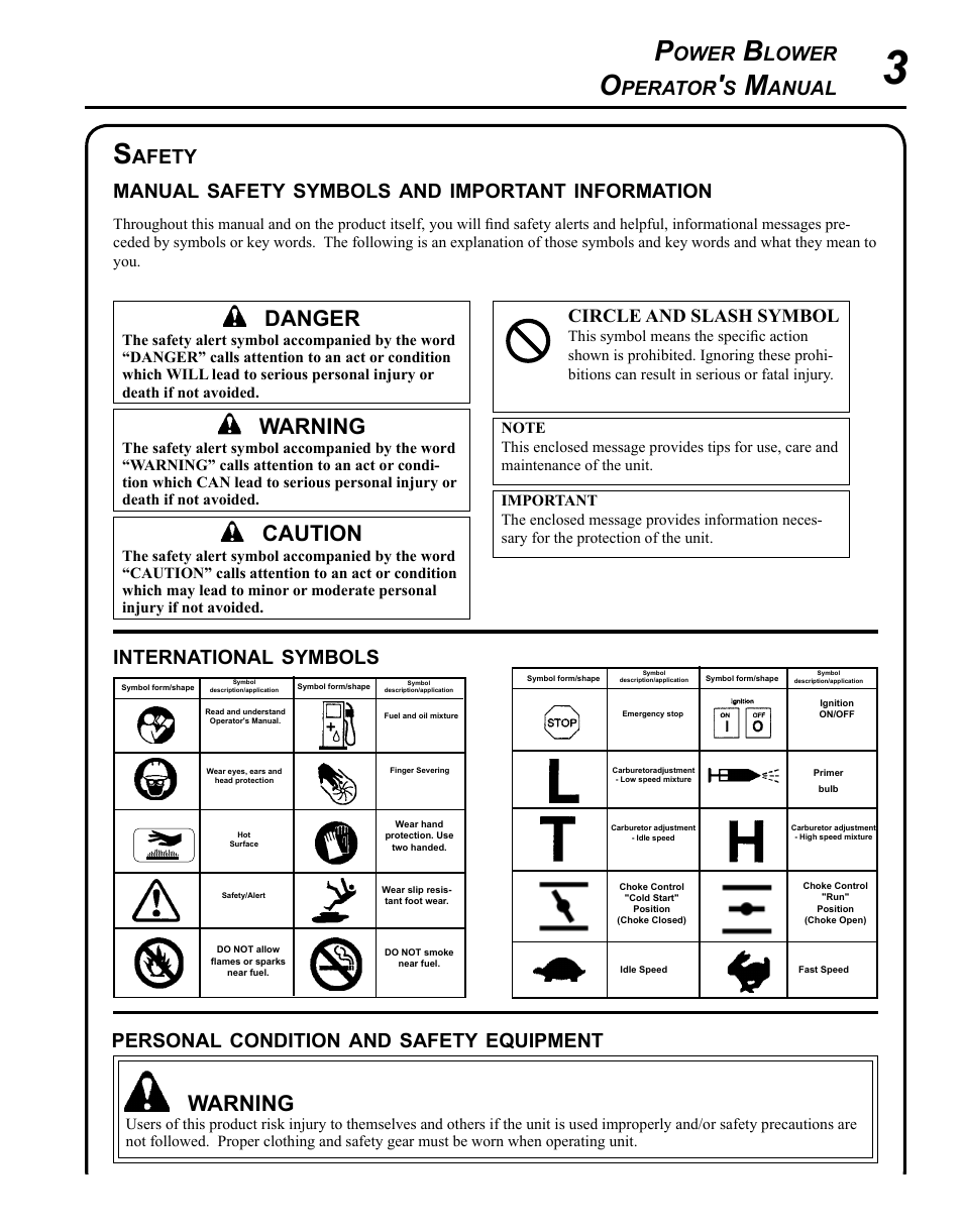 Safety, Warning, Caution | Danger, Ower, Lower, Perator, Anual, Afety manual, Symbols | Echo PB-265L User Manual | Page 3 / 28