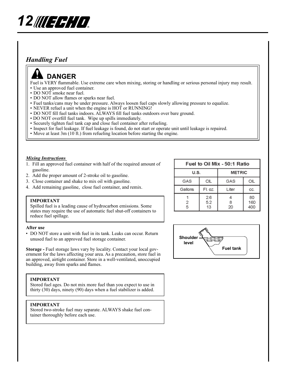 Handling fuel, Danger | Echo HC-185 User Manual | Page 12 / 32