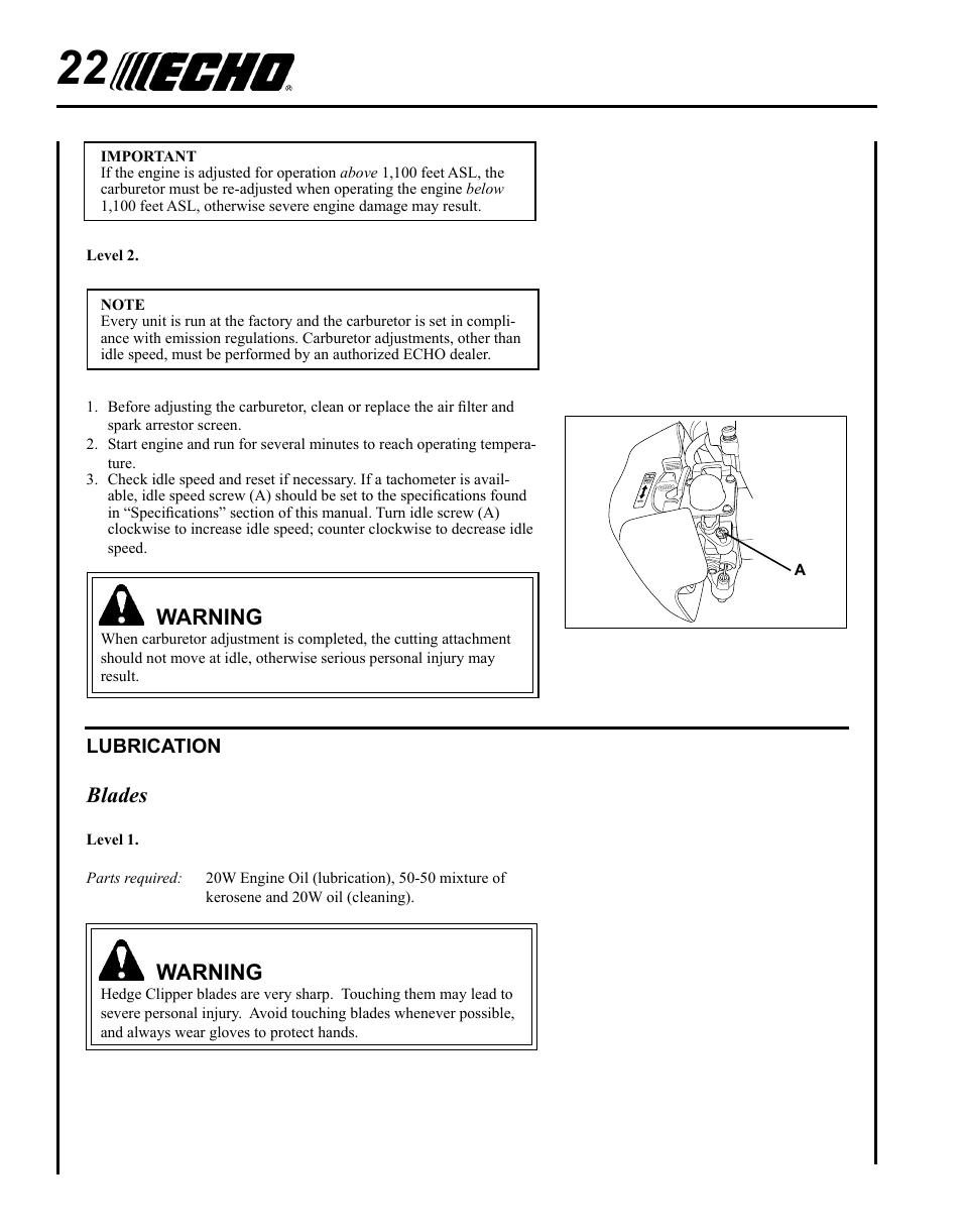 Warning, Blades | Echo HC-185 User Manual | Page 22 / 32