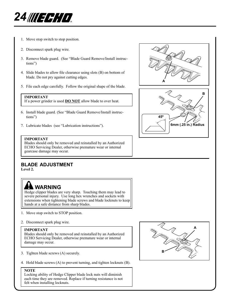 Warning | Echo HC-185 User Manual | Page 24 / 32