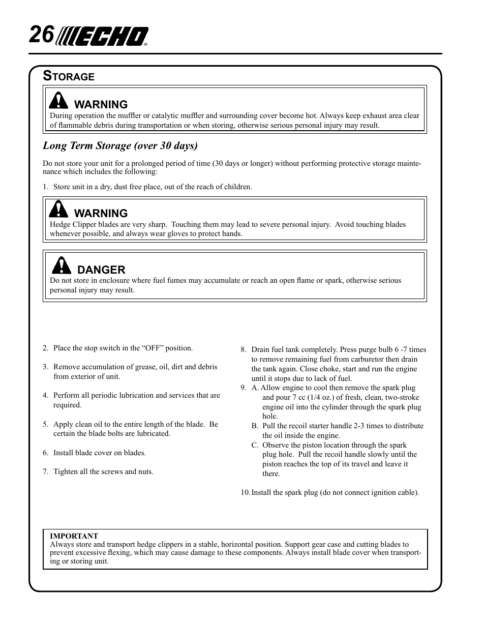 Warning, Long term storage (over 30 days), Danger | Echo HC-185 User Manual | Page 26 / 32