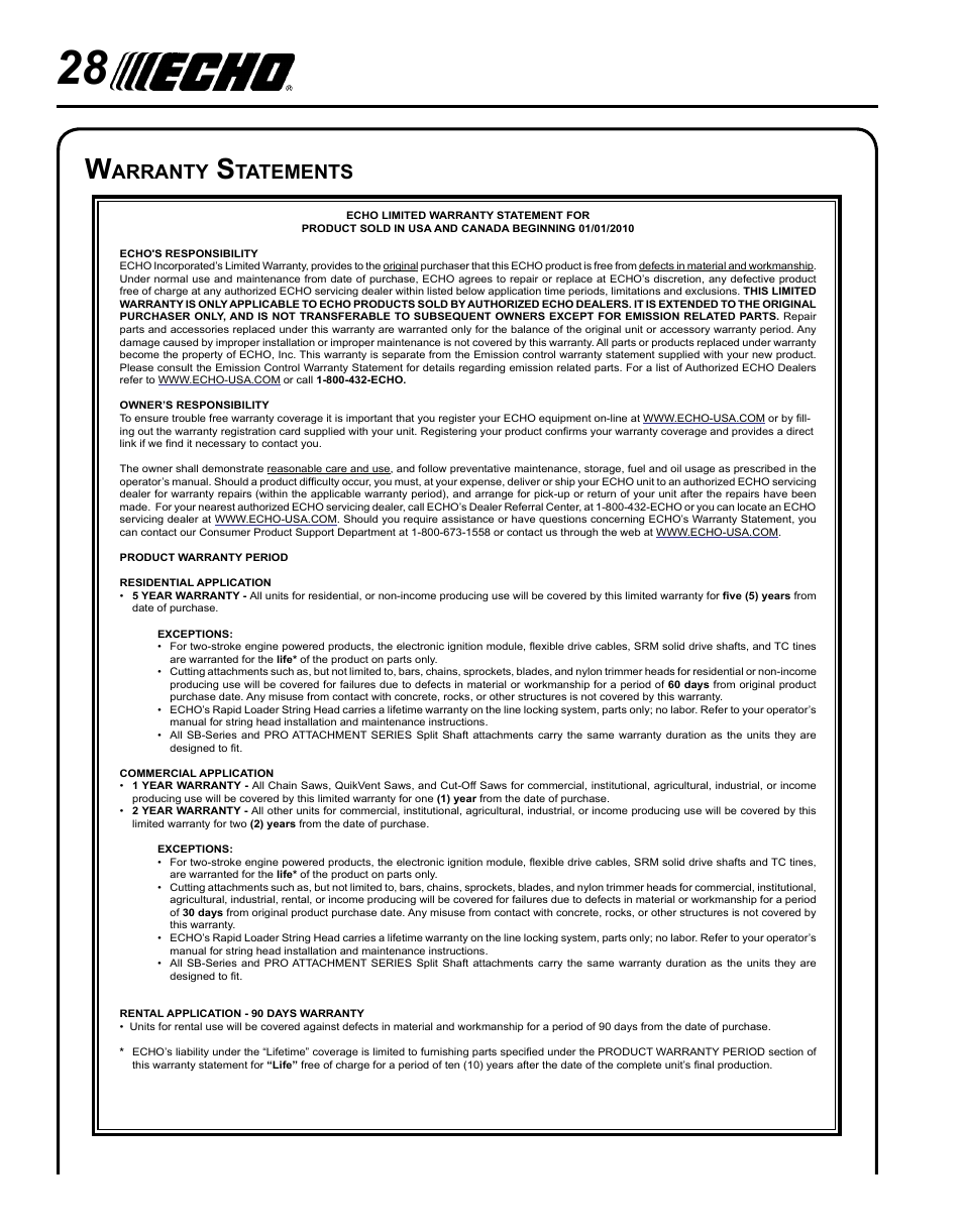 Arranty, Tatements | Echo HC-185 User Manual | Page 28 / 32