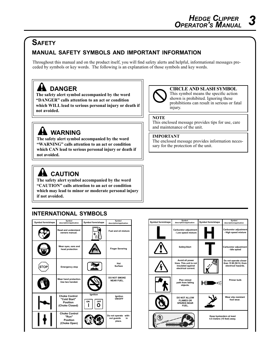 Danger, Warning, Caution | Edge, Lipper, Perator, Anual, International, Symbols, Afety manual | Echo HC-185 User Manual | Page 3 / 32