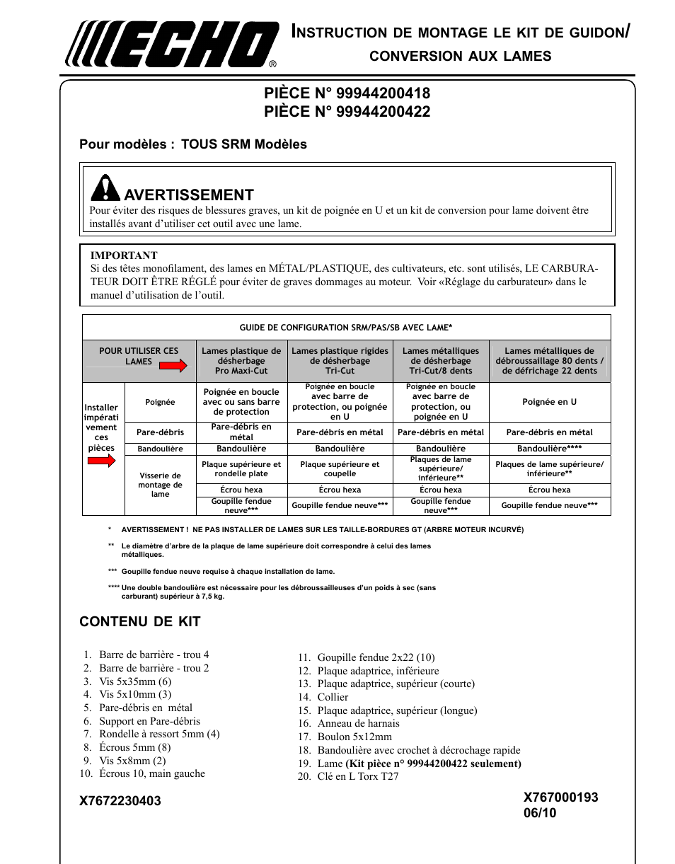 Avertissement, Contenu, Nstruction | Montage, Guidon, Conversion, Lames | Echo X767000193 User Manual | Page 13 / 24