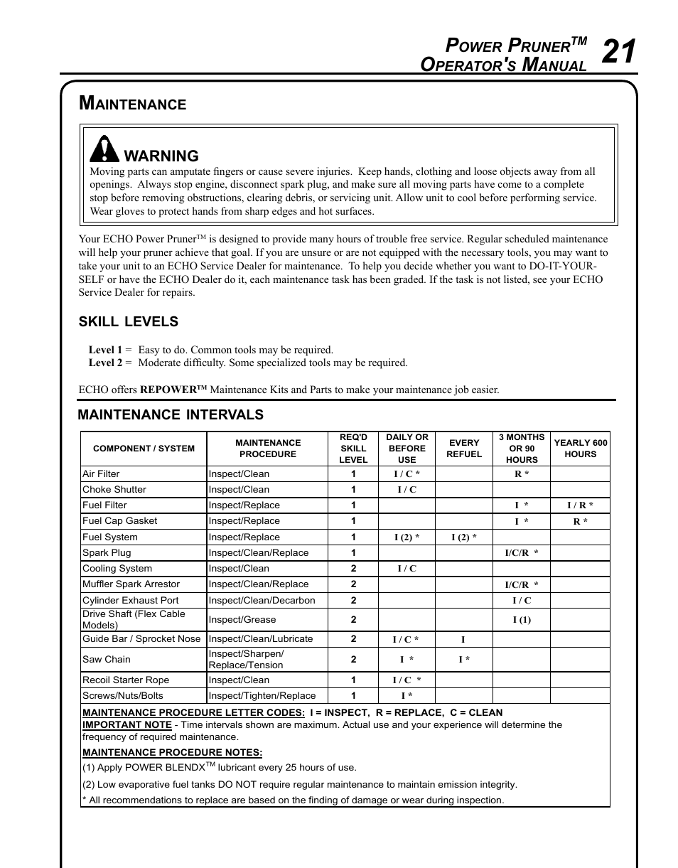 Warning, Ower, Runer | Perator, Anual, Skill, Levels, Maintenance, Intervals, Aintenance | Echo PPF-280 User Manual | Page 21 / 36