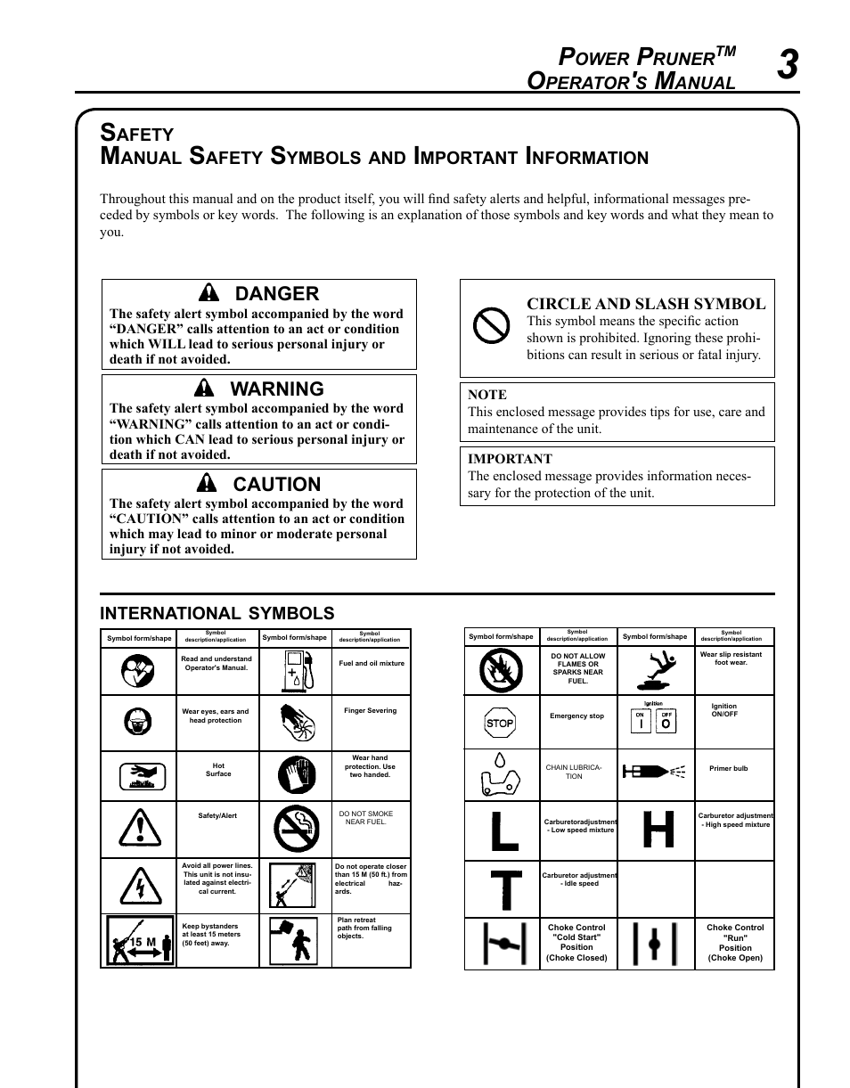 Warning, Caution, Danger | Ower, Runer, Perator, Anual, Afety, Ymbols, Mportant | Echo PPF-280 User Manual | Page 3 / 36