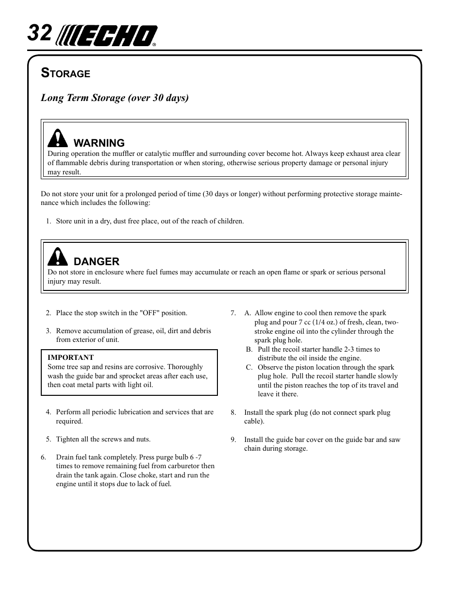 Long term storage (over 30 days) warning, Danger | Echo PPF-280 User Manual | Page 32 / 36